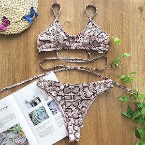 Cali Snake Print Strappy High Waist Scoop Pink Bikini
